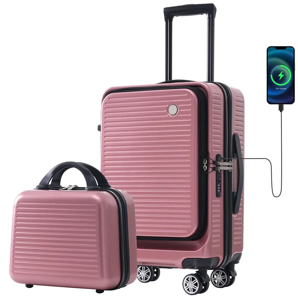 20 Inch Front Open Luggage Lightweight Suitcase with Front Pocket and USB Port - Rose Gold