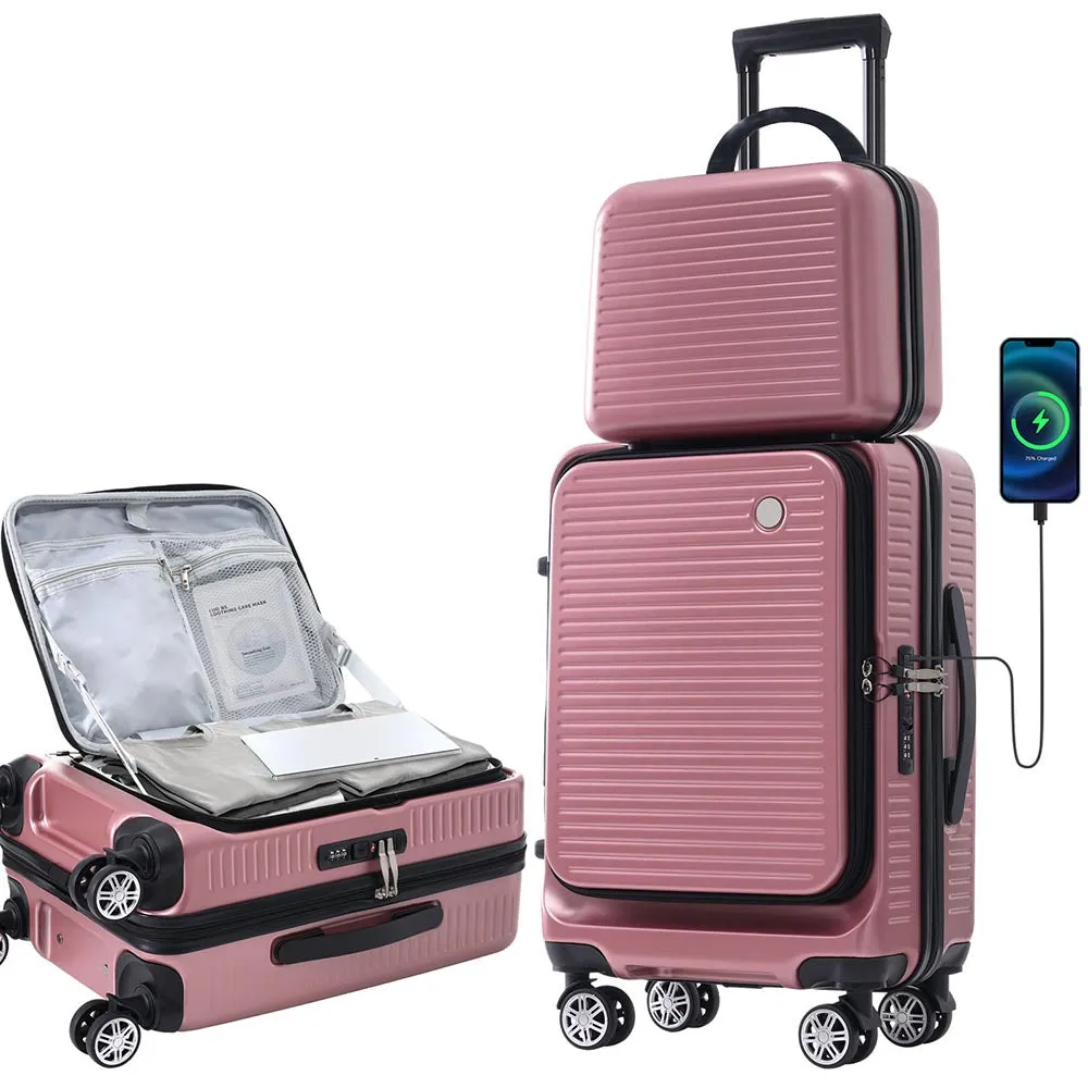 20 Inch Front Open Luggage Lightweight Suitcase with Front Pocket and USB Port - Rose Gold