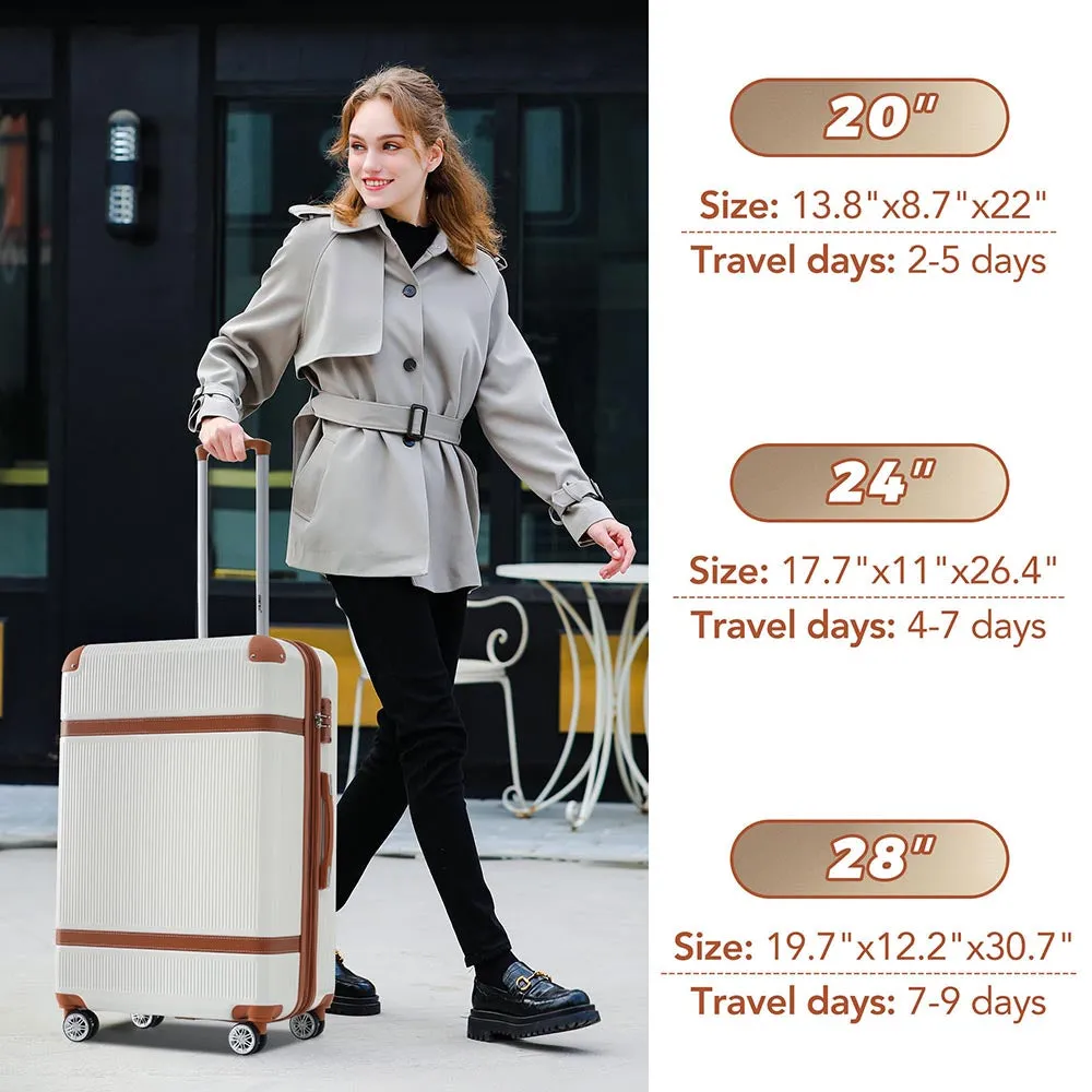 3 Piece Lightweight Hard-shell Luggage Sets double spinner 8 wheels Suitcase with TSA Lock - White