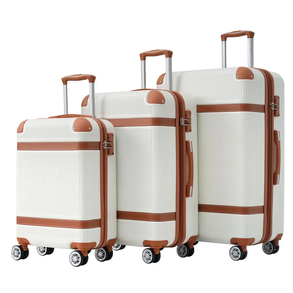 3 Piece Lightweight Hard-shell Luggage Sets double spinner 8 wheels Suitcase with TSA Lock - White