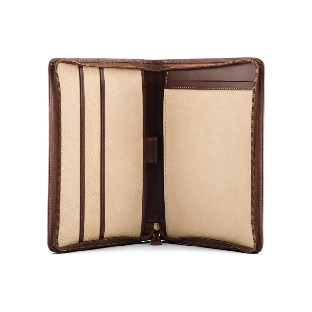 A5 Zip Around Leather Folder - Dark Tan