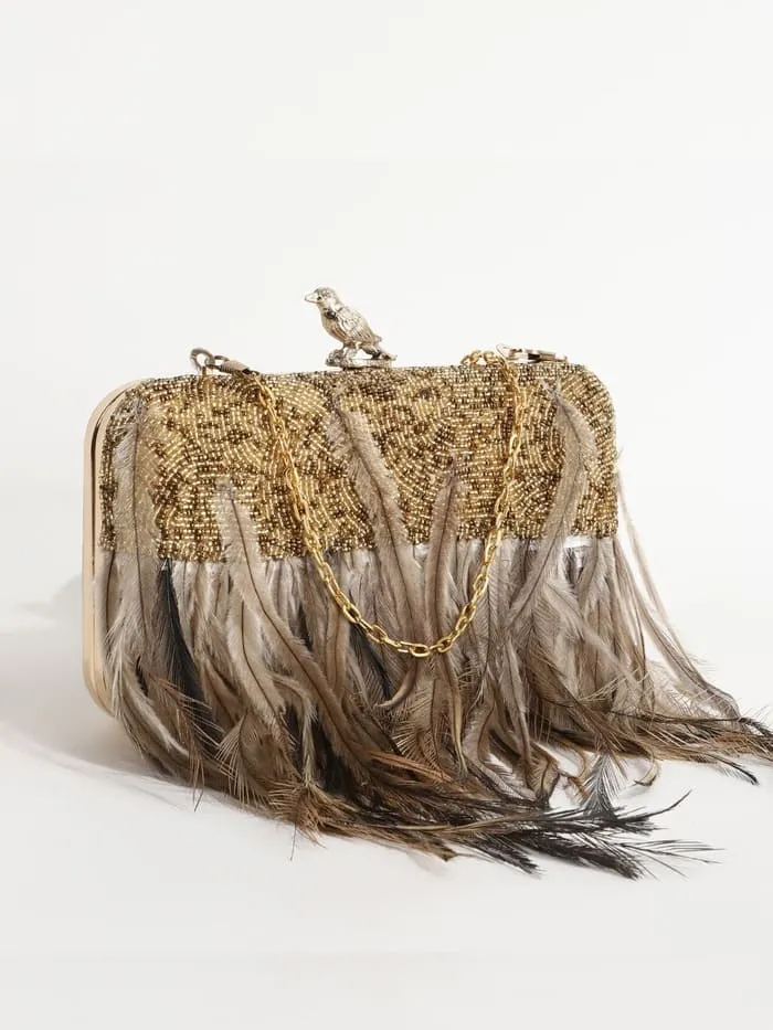 Daina Dark Gold Hand Embroidered Feather Clutch