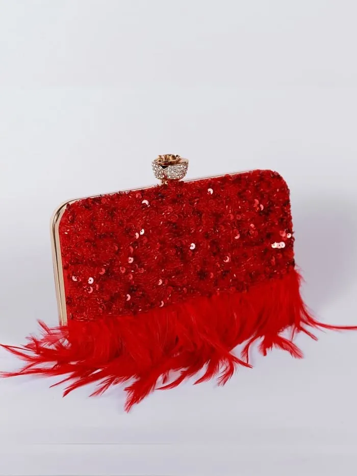 Daina Red Hand Embroidered Feather Clutch