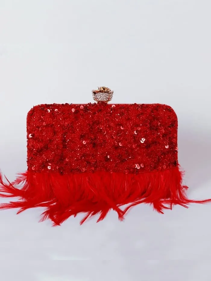 Daina Red Hand Embroidered Feather Clutch