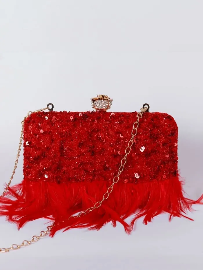 Daina Red Hand Embroidered Feather Clutch