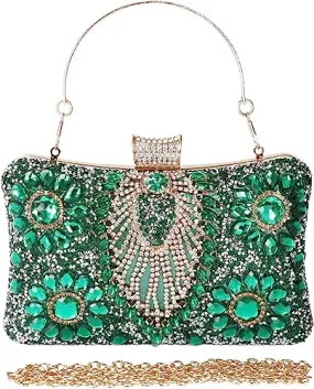 Green Jewelry Stones Clutch Handbag