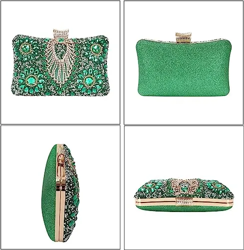 Green Jewelry Stones Clutch Handbag