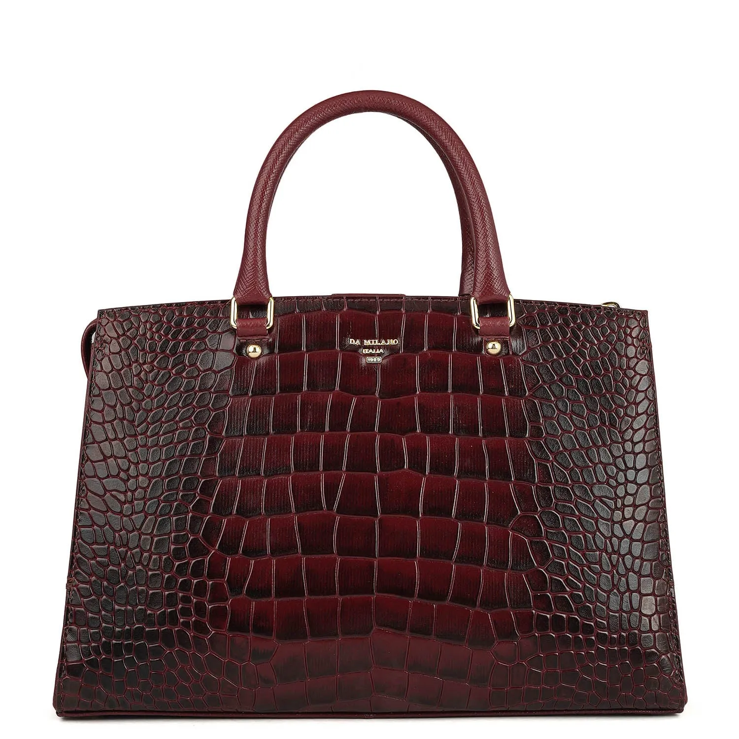 Medium Croco Leather Satchel - Wine