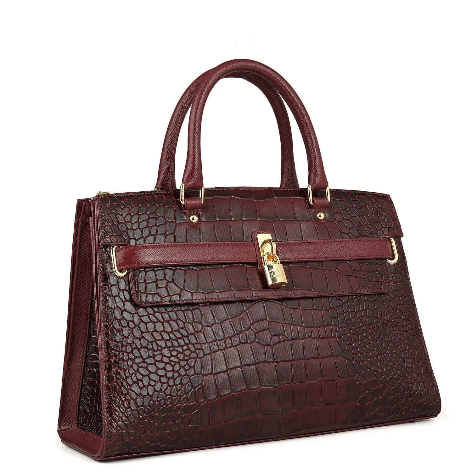 Medium Croco Leather Satchel - Wine