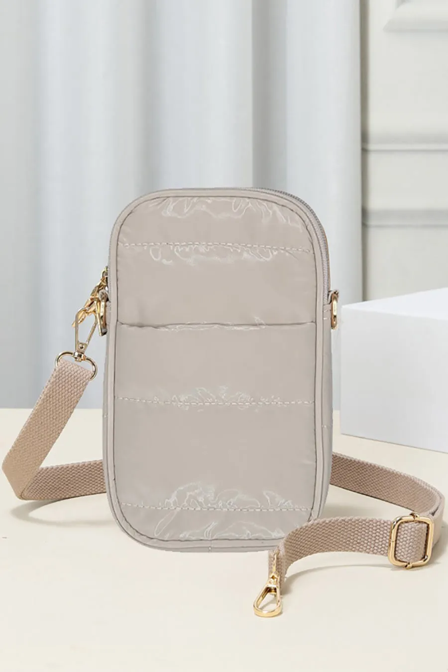 Puffer Rectangle Crossbody Bag in Glossy-Beige